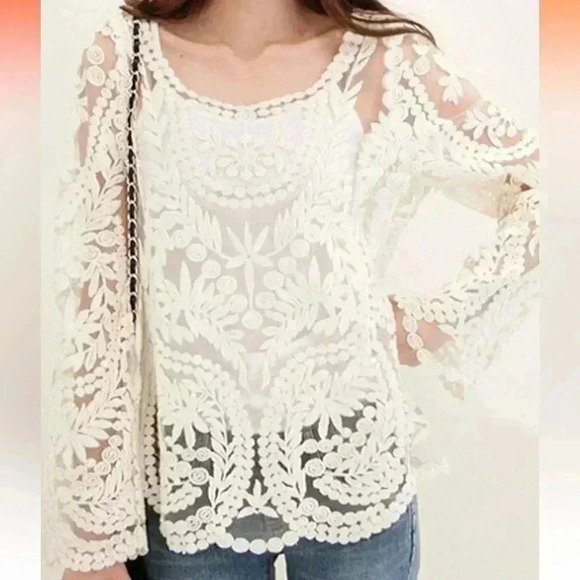 unbranded Tops - Retro Embroidery Floral Lace Blouse overshirt